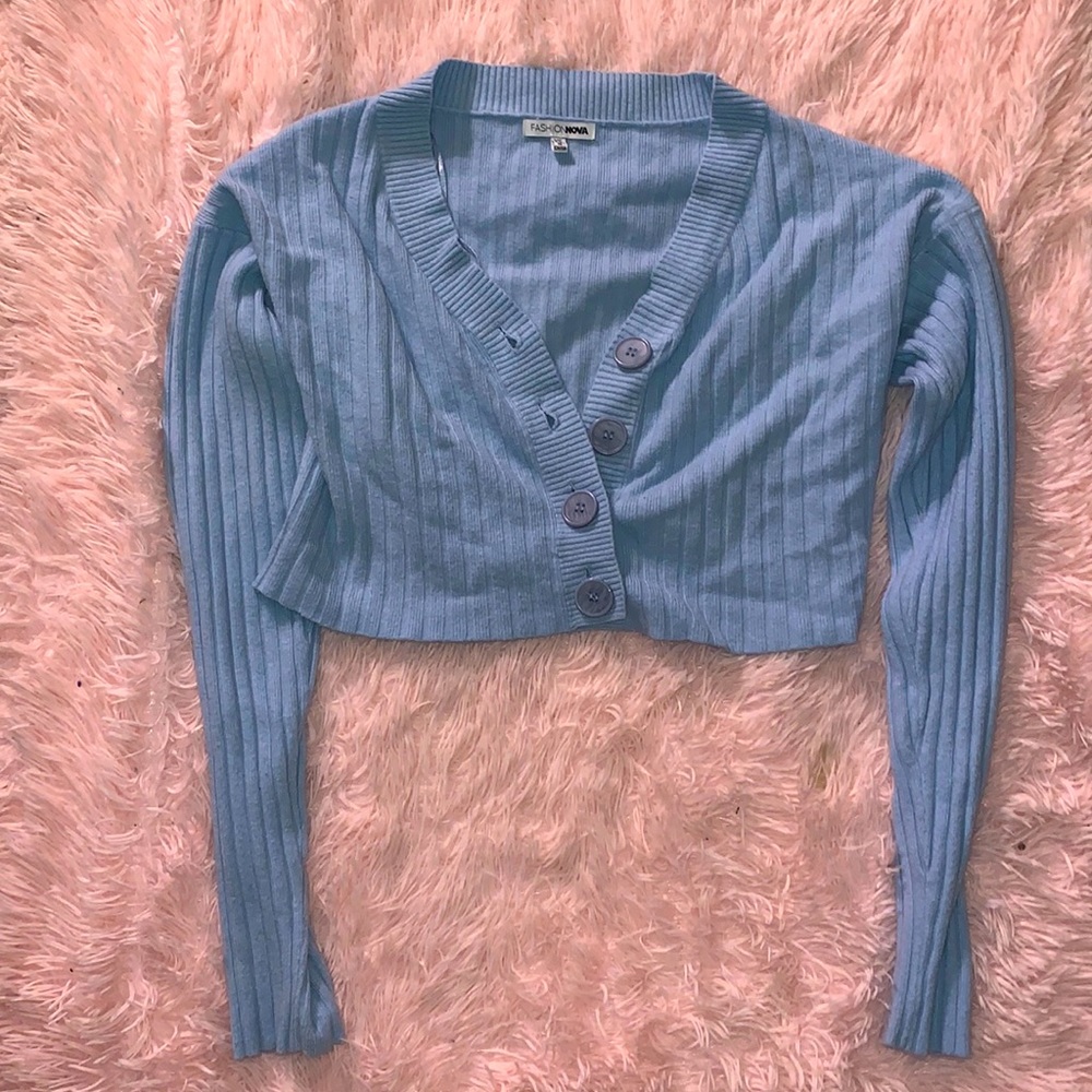 Fashion Nova Blue Ribbed Cropped Cardigan